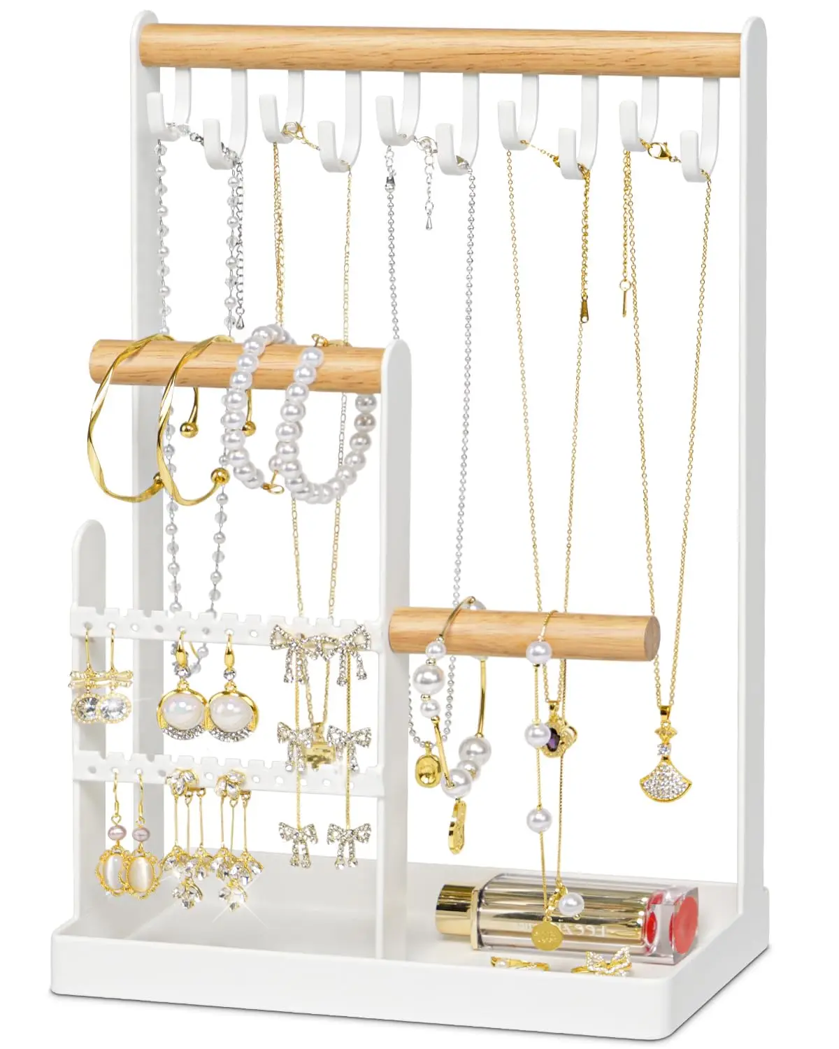 Jewelry Organizer Stand With Ring Holder 4 Tier Jewelry Tower With 10 Hooks Necklace Organizer And Watch Bracket Holder