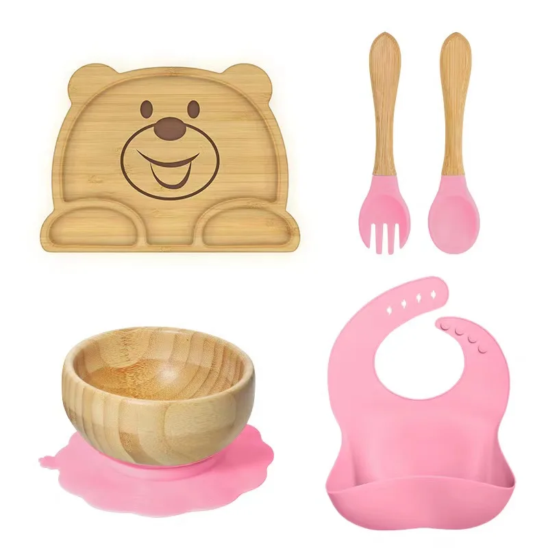 Hot Sale Bamboo Suction Plate Silicone Baby Tableware BPA Free Animal Baby Feeding Set With Spoon Fork