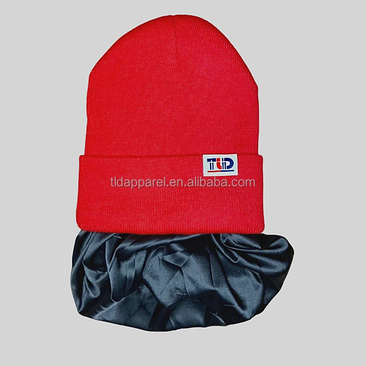 Adult Red Knit Winter Hats Silky Lining  Silk Lined Beanies Custom Label Acrylic Cuffed Watch Satin Lined Beanie