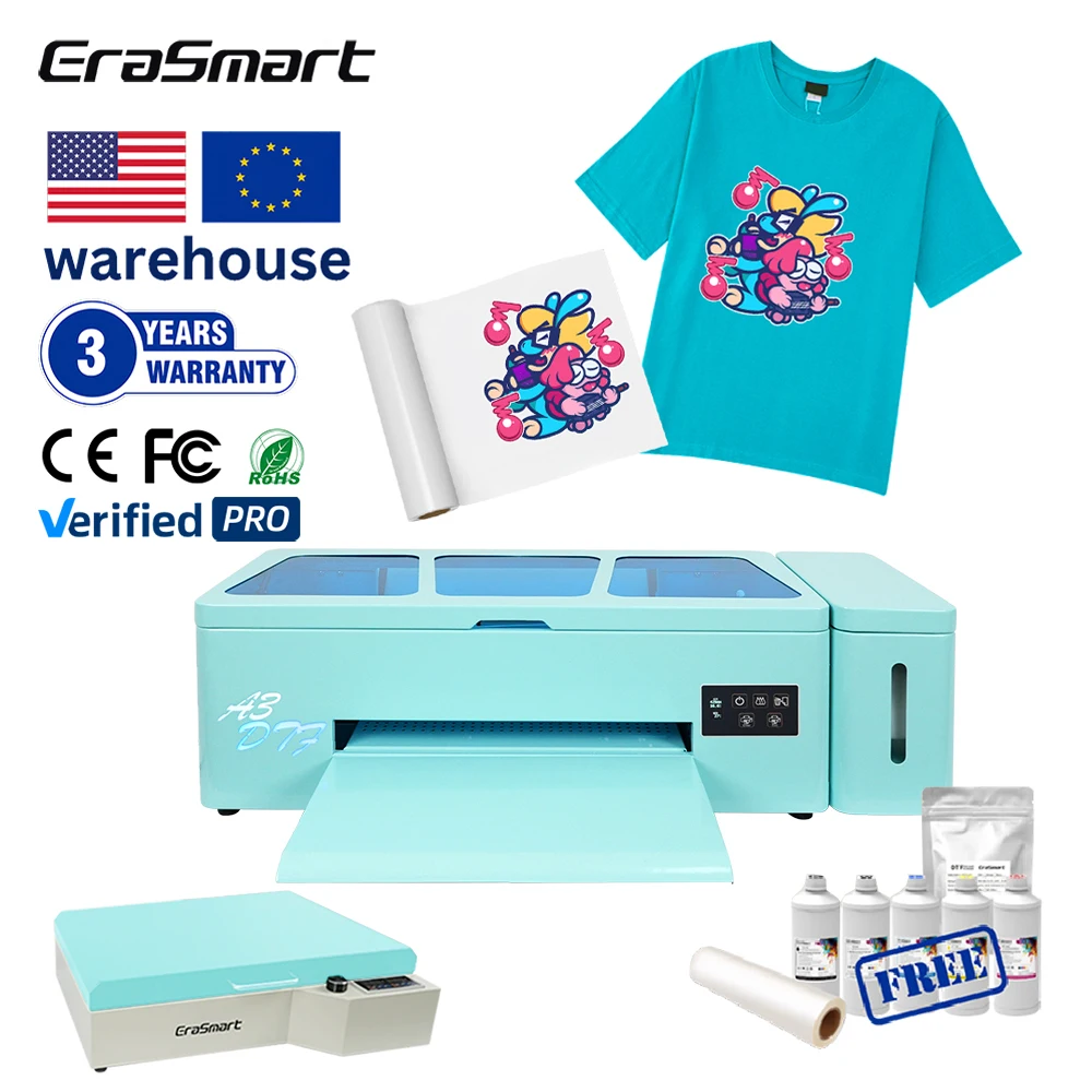 Erasmart Pink Blue Digital A3 DTF Printing Machine 1390 XP600 Pet Film 13Inch Dtf Printer With Pink Oven For Any Textile