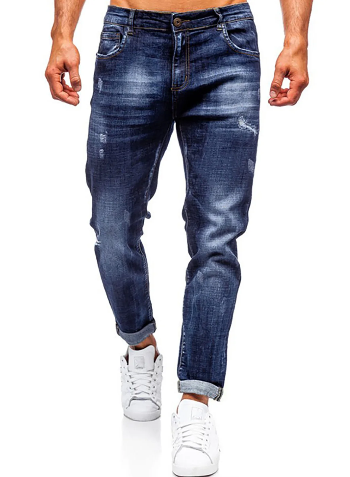 
Hot Sale 2021 Fashion Distressed Blue Jeans Wash Style Casual Mid Waist Jeans Pants With Pockets Jeans For Men Stylish 