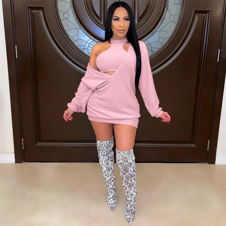 Fall Trendy Women Casual Long Sleeve Deep V Neck Fashion Oversized Hoodies With Vest Two Piece Set Rib Knit Sweater Dress Women
