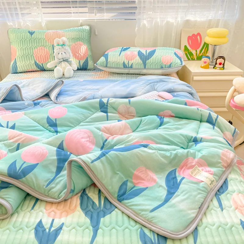 Wholesale summer cool silk washable print pattern bed mattress latex mat summer quilt bed sheet and pillowcase set