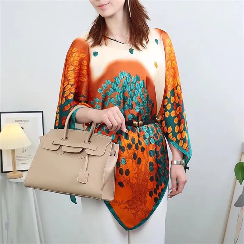 New Fashion Women Large Soft 110*110cm Printing Silk Pullover Summer Luxury Swimsuit Silk Beach Cover Up Pullover For Women