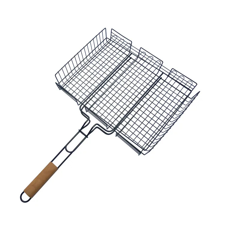 High Quality Square Wooden Handle Non-Stick Grill Basket BBQ Grid Mesh