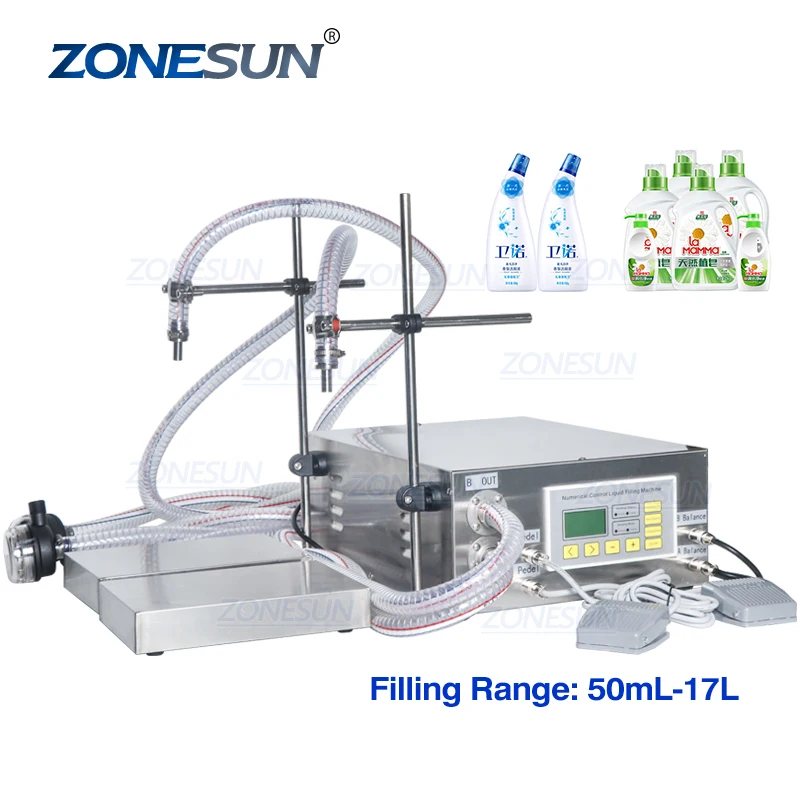 ZONESUN ZS-DP622W Semi Automatic Hand Sanitizer Perfume Shampoo Weighing Filling Machine Double Nozzles Water Bottle Filler