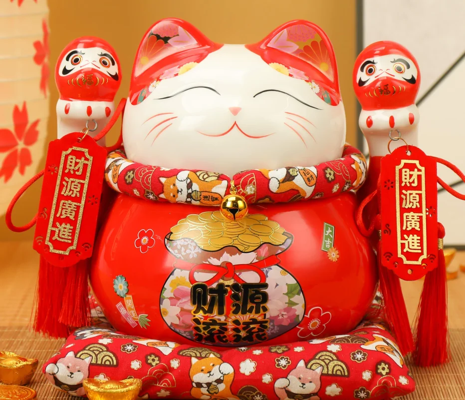Feng Shui Decoration ceramic piggy coin bank Japanese figurine gift 7.5 inch Fortune Lucky cat Maneki Neko Painted Ceramic Cats