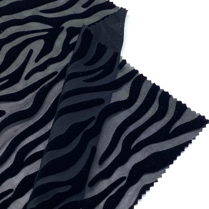 Customized pattern spandex nylon mesh flocking fabric stripe fabric for sexy women bodysuit