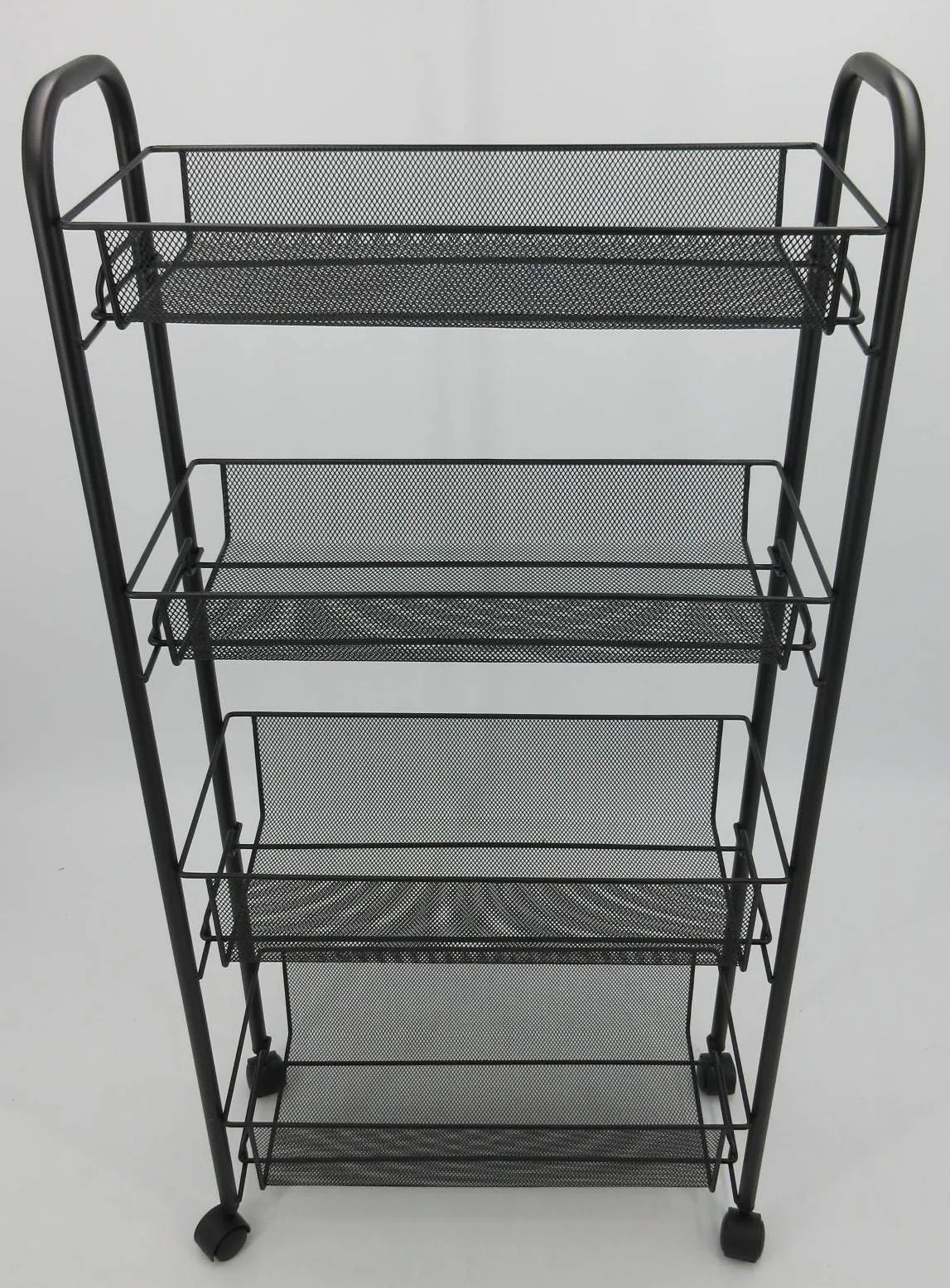  Новый продукт модный четырёхколёсный вагончик с платформой 4-ярусный выставочный стенд металлический тонкий корзина черная тележка хранения для