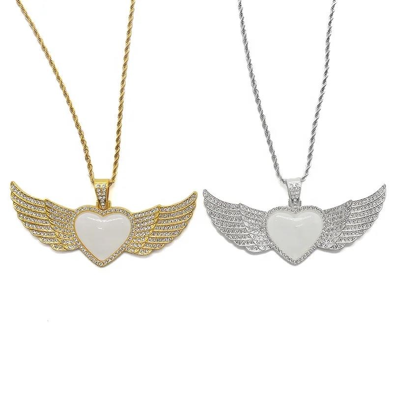 Fashion Custom Photo Printable  Sublimation Hip Hop Heart Angle Wings Necklace