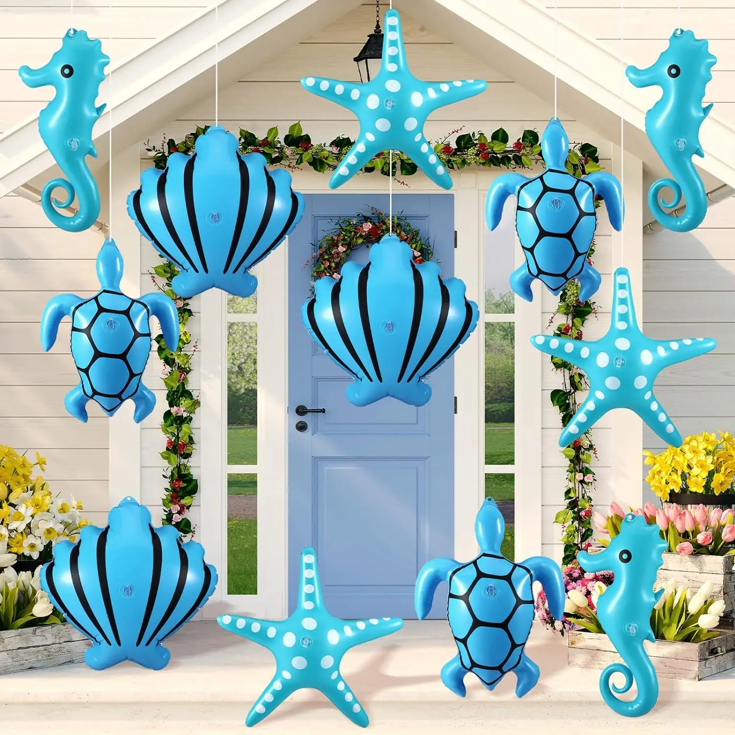 New Customizable PVC 12pcs Inflatable Marine Animal Seahorse Shell Turtle Large Hanging Ornament for Patio Pool Party Decoration