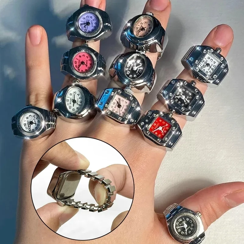 Vintage Punk Finger Ring Watch Mini Elastic Strap Alloy Watches Couple Jewelry Clock Retro Roman Quartz Watch Ring For Women Man