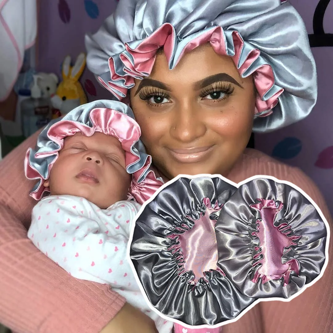 No Logo Soft Satin Bonnet Silk Sleeping Shower Cap double sided reversible bonnet