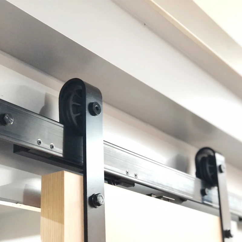 Heavy Duty Frameless Barn Door Hardware Basic Black Vertical Spoke Wheel Roller Kit Single Wood Sliding Barn Door Hardware Kit