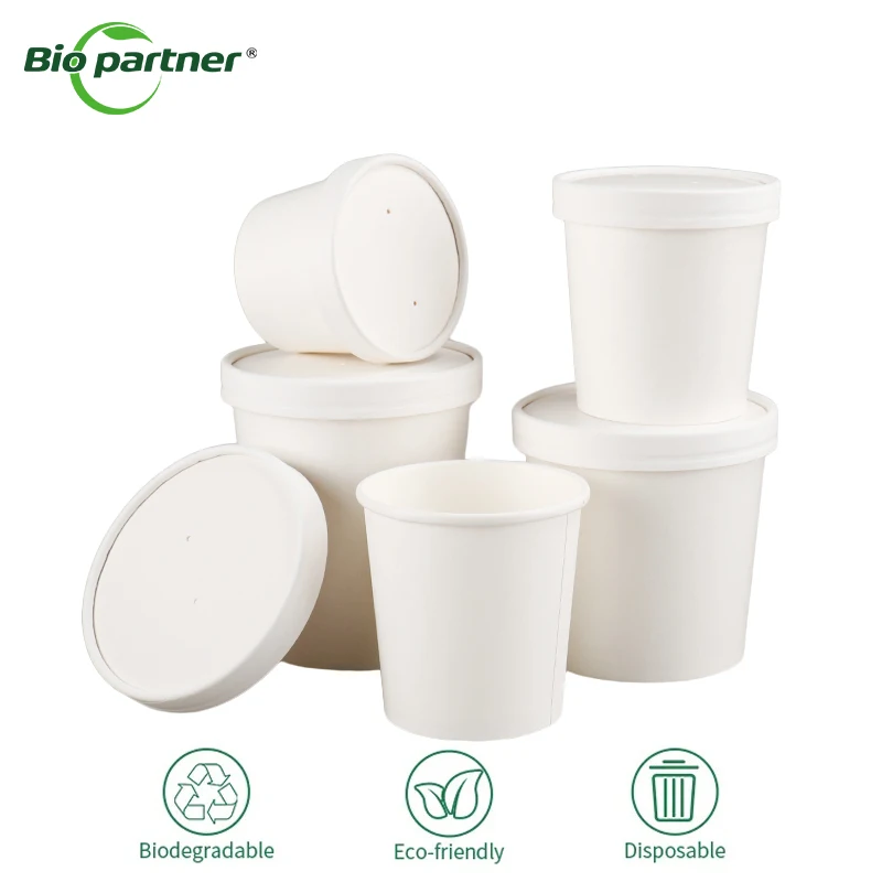 Customized Microwavable Disposable Porridge Kraft White Paper Soup cup Restaurant Noodles Packing Disposable with lid