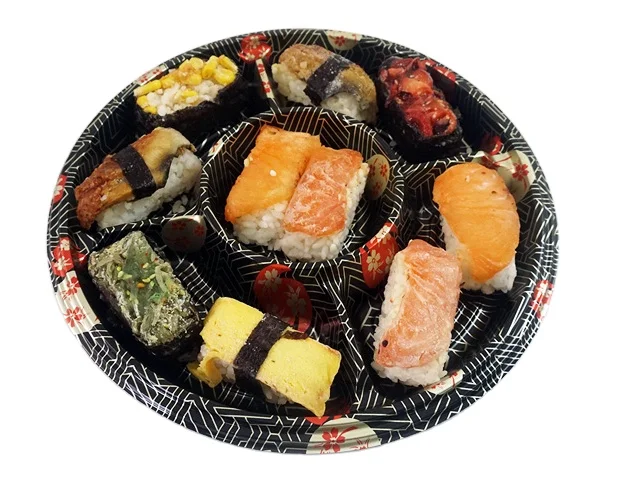 Disposable round plastic sushi tray container with lid