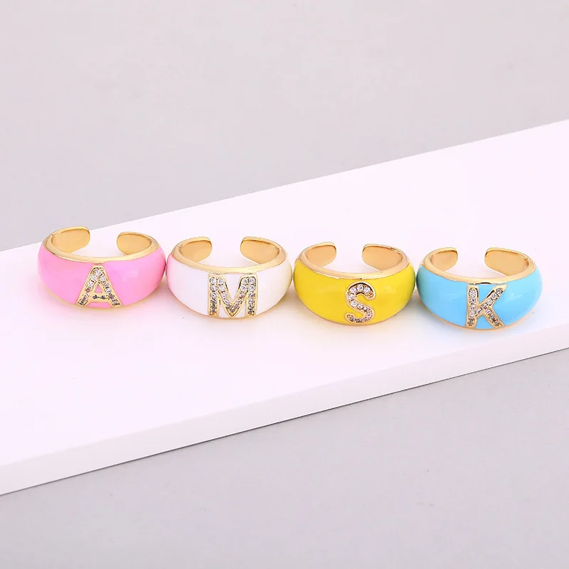 New Arrival Enamel CZ Paved Initials Ring Colorful Oil Drop Copper Micro-inset Zircon Opening 26 Initial Letter Finger Ring