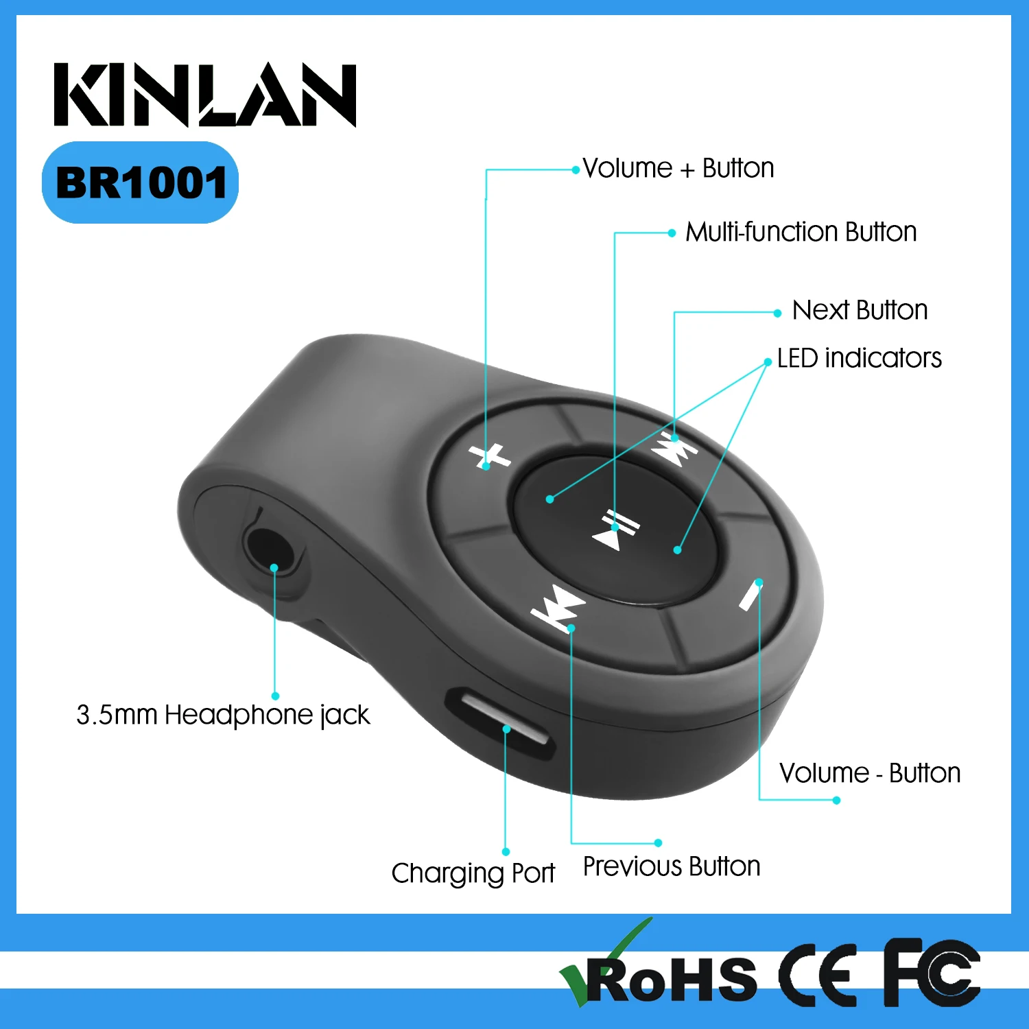 Kinlan Portable Wireless Car Bluetooth Receiver Adapter Stereo Music Hands-free Home Car Bluetooth 5.1 Audio Adapter