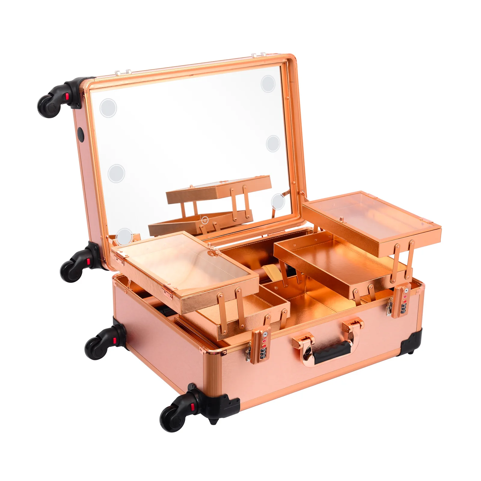 Aluminum 4 Wheel Professional Rolling Cosmetic Makeup Suitcase Train Case With Lighted Mirror LED Light W/wireless music speaker