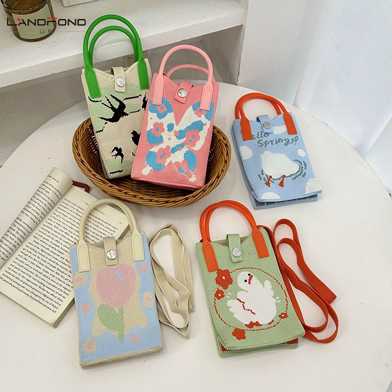 Landfond Knit Mini Handbag Women Wrist Bag Crossbody Cell Phone Purse