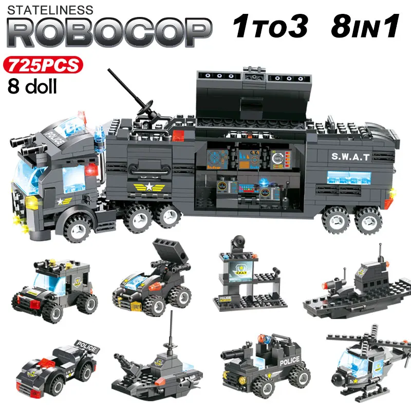 725pcs 8 IN 1 City SWAT Truck Car Robot Building Blocks Compatible Legoinglys City Police Station Bricks Toys for Boys Children