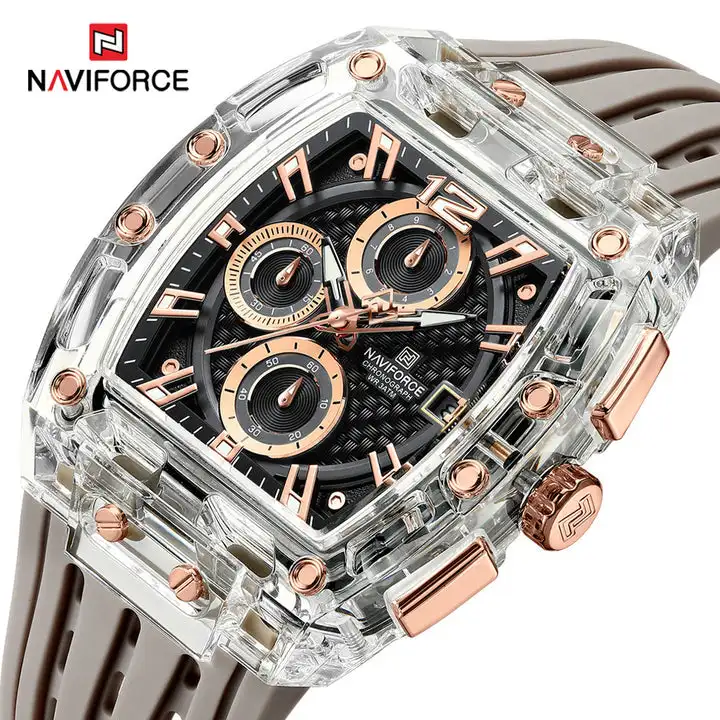 NAVIFORCE NF7105 New Design Transparent Tonneau Quartz Watch for Men Silicone Strap Waterproof Sport Out Door Male Wristwatch