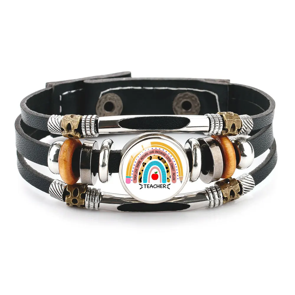Boho Ethnic Customized Teacher Letter Pu Braided Bracelet Gifts For Women Men