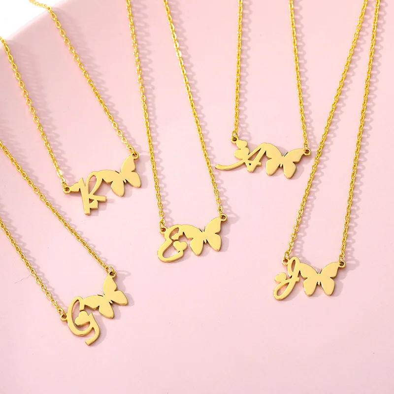 Fashion Cute Women Gold Plated Inital Letter Stainless Steel Jewelry Initial Butterfly Necklace