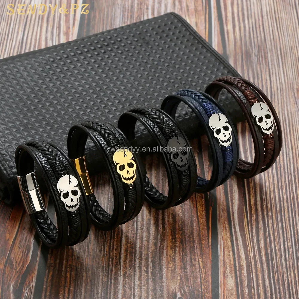 Fashion Trendy Stainless Steel Skull Bracelets Multi-layer Hand Woven Braided PU Leather Men Bracelet