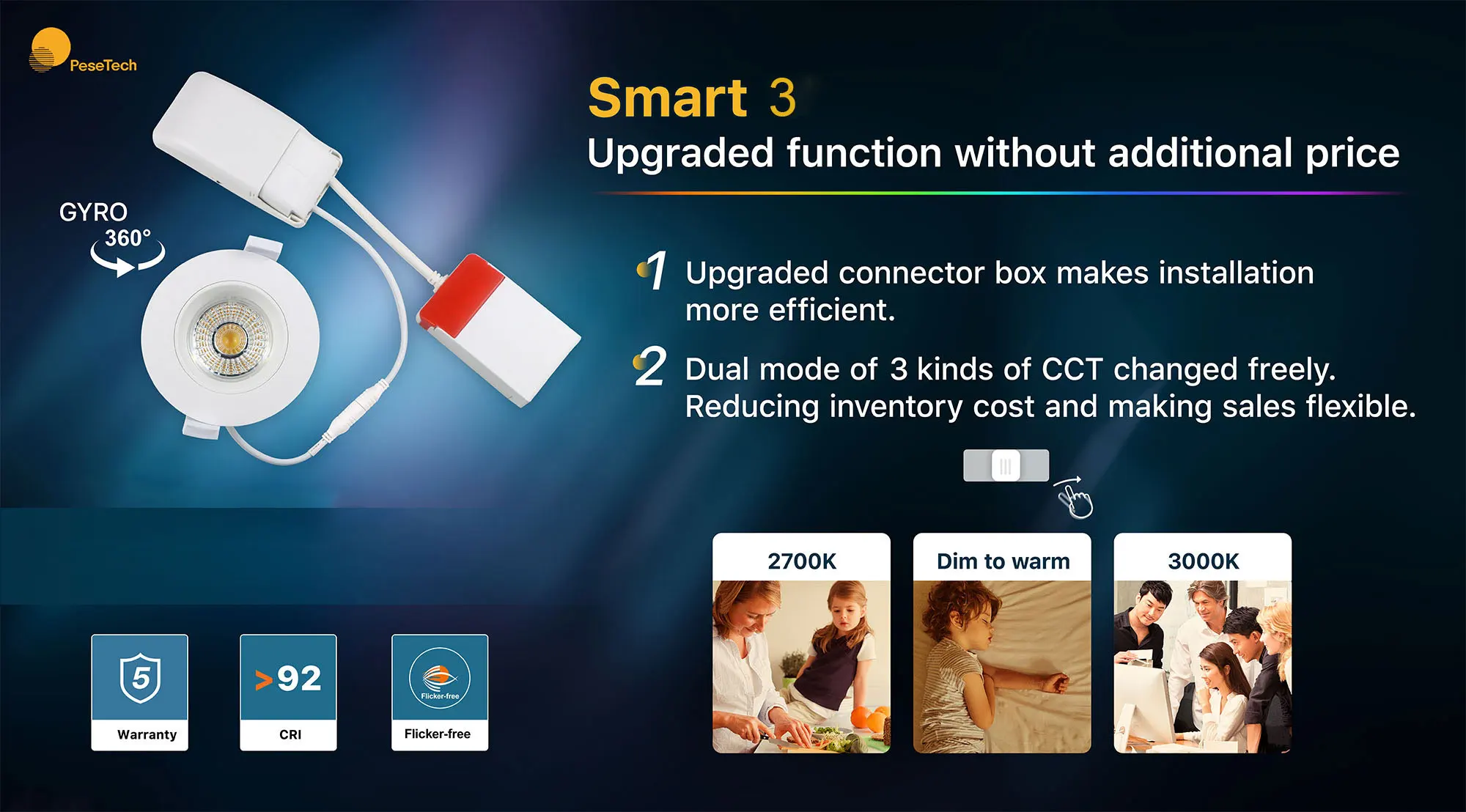 DIP design 2700kK/3000K/DTW 1800K to 2700K switchable cob downlight gyro 360deg rotate 5years warranty
