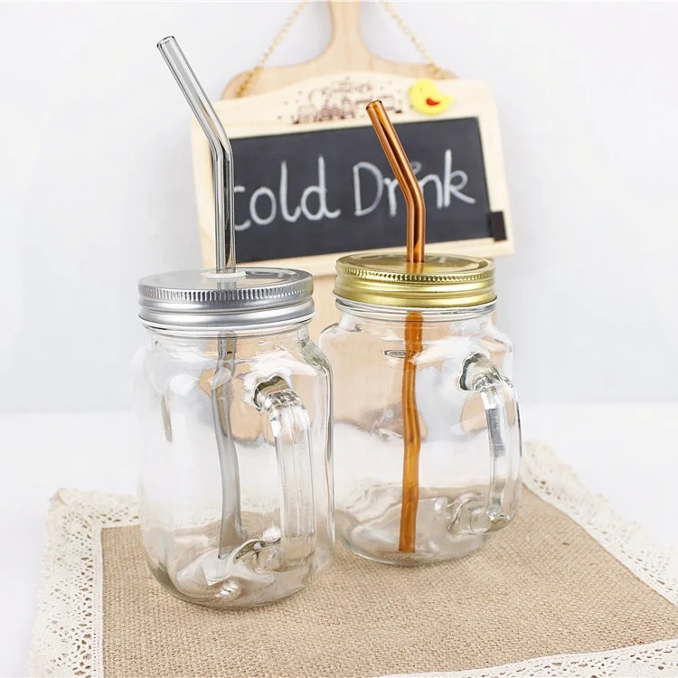 Hot selling  glass mason jar with handle tin lid and straw for juice drinking 450ml