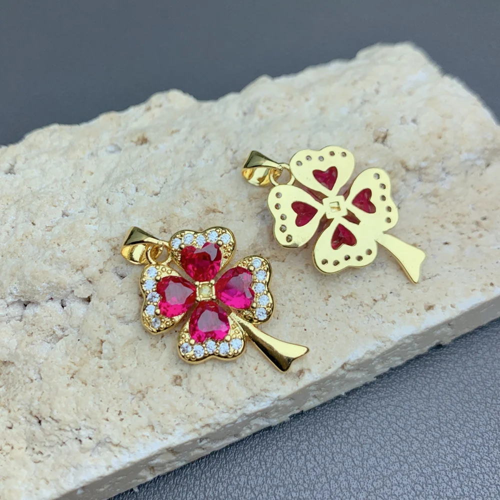 Wholesale Fashion Ruby Rhinestone Four Leaf Clover Pendants Charm Women For Jewelry Making DIY Necklace