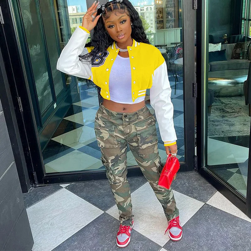 Autumn Fashion Elegant Sportswear Colorblock Single Breasted Aviator Ladies Letterman Baseball Jacket