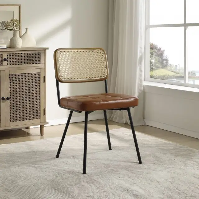 Wood Rattan Armless Rattan Back Black Wood Frame Dining Chairs Set of 2 Genuine Leather Upholstered Kitchen Chairs