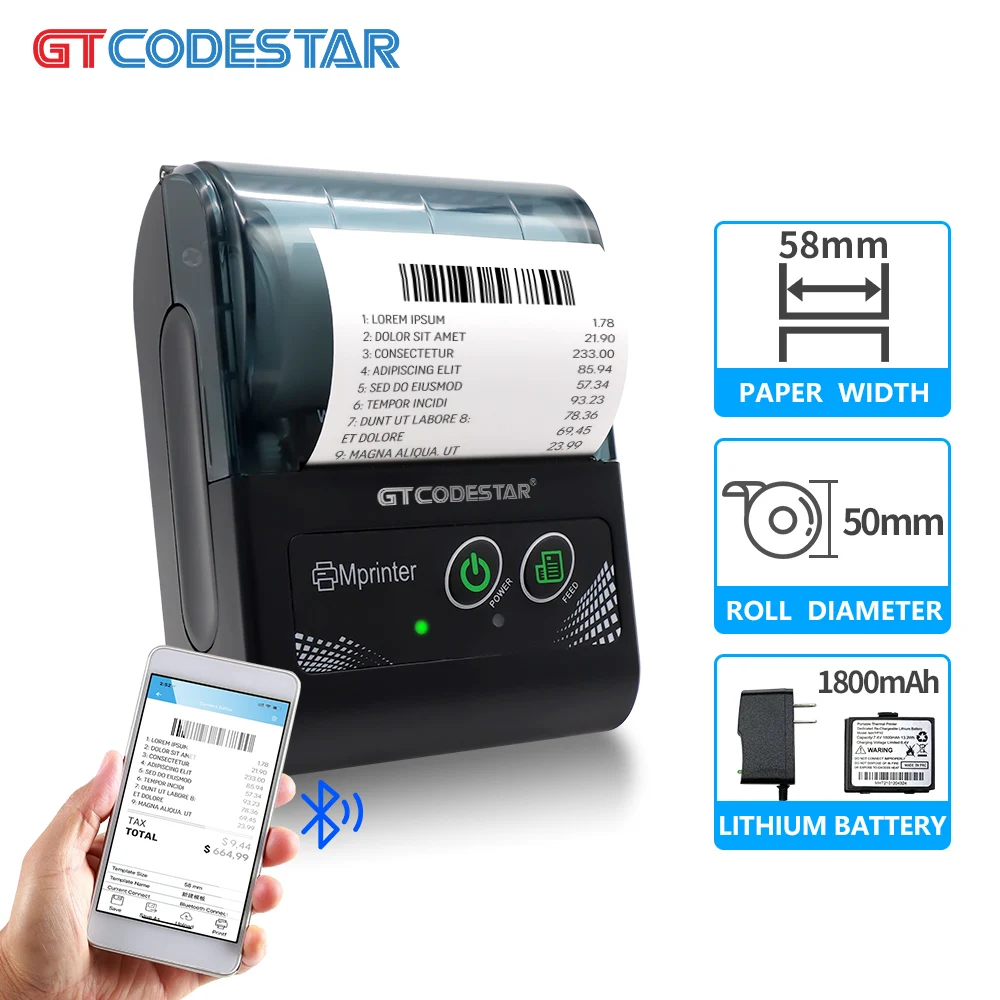 GTCODESTAR GT-P5801 Mobile Mini Printer Handheld Wireless Blue tooth Small Portable Printer