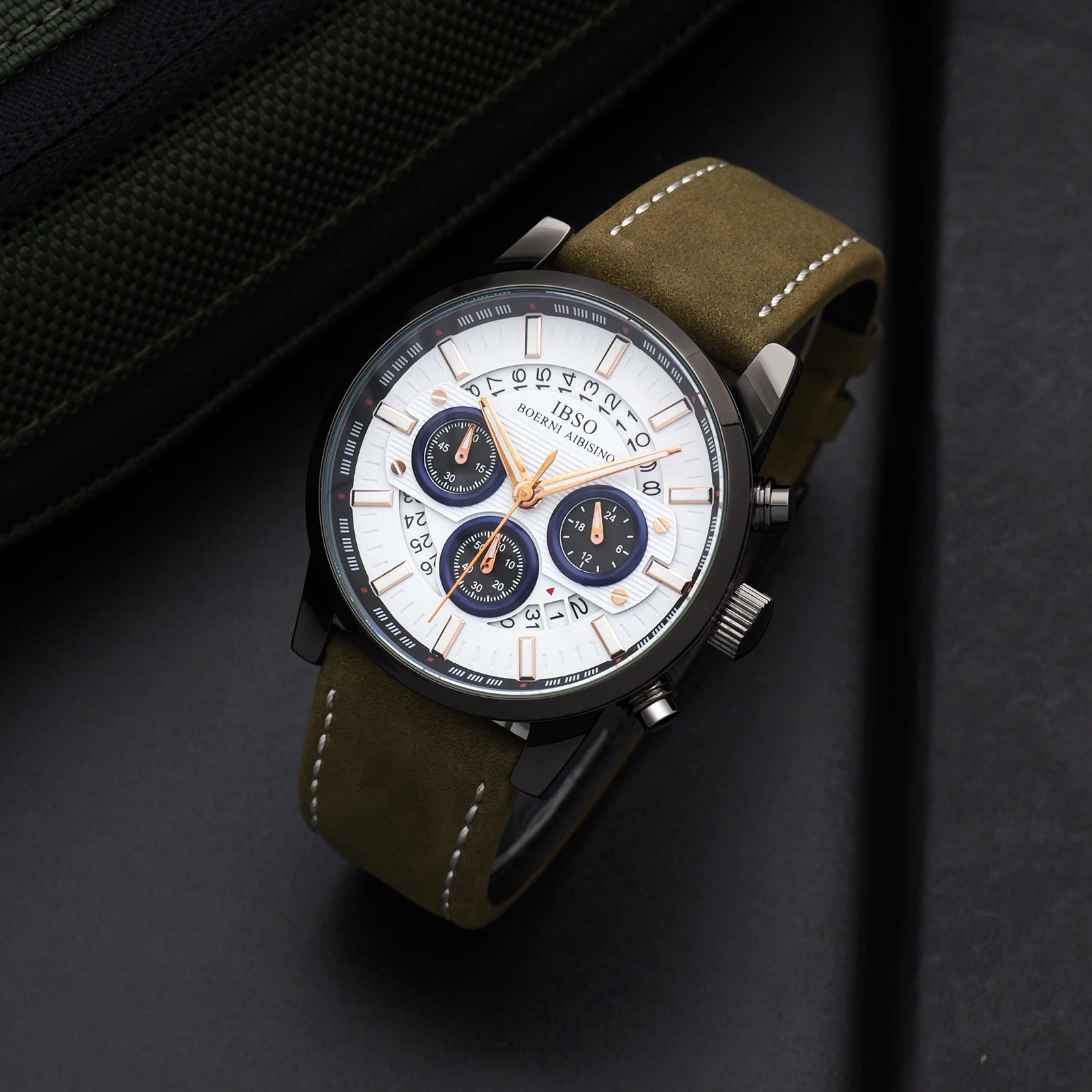 IBSO High Quality Quartz Watch Men Business Style Case 22mm Leather Strap 3Bar Water Calendar Chronograph Design Buckle Seiko