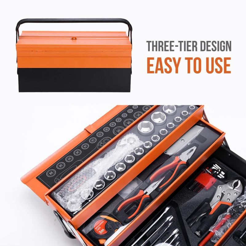 85pc Home DIY & Garage Mechanics Tool Kit Set. Sockets, Wrenches and Popular Tools in a Cantilever Metal Tool Box. OEM ODM Ready