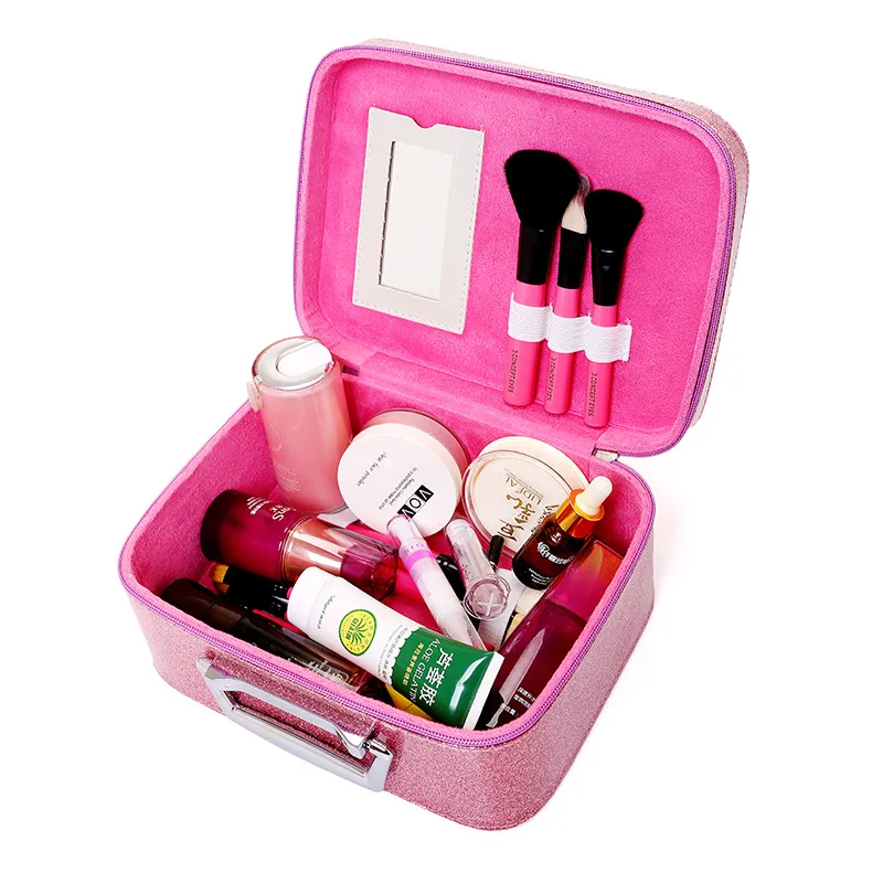 Cosmetic Travel Makeup Trunk Case Large Capacity Make up Organizer Storage Bag Beauty Case Professional Glitter PU OEM Fashion