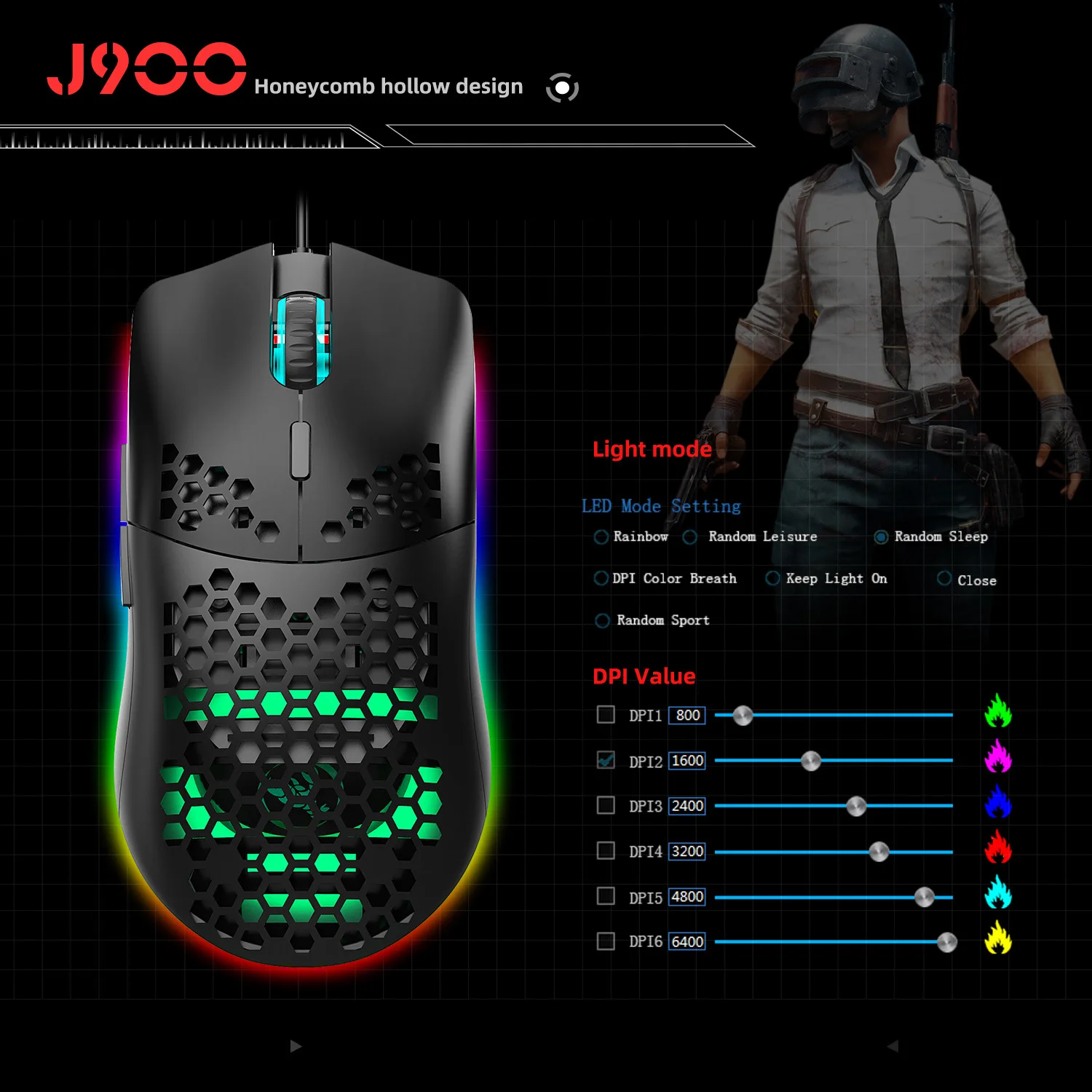  Проводная игровая мышь HXSJ J900 с подсветкой RGB геймерские мыши шестью регулируемыми точек на дюйм полая эргономичной конструкцией в виде