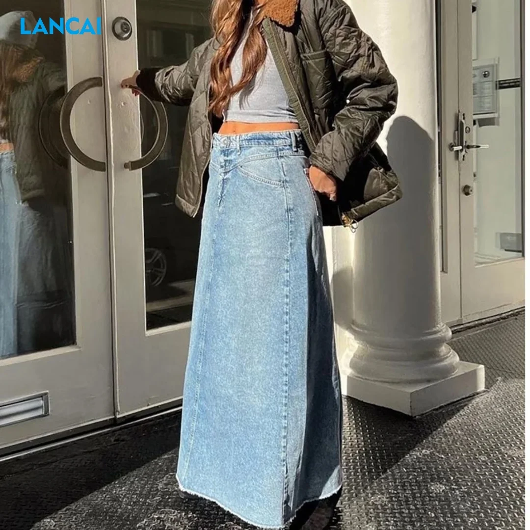 High Quality Retro Denim Skirt Button Irregular High Waist Skirt And Ladies Slit Maxi Blue Jean Women Skirt