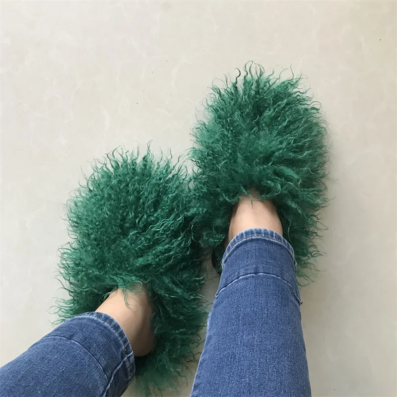 Luxury winter Fur Slipper Colorful Furry faux sheepskin Indoor Warm Wool Cotton women Slippers snow boots