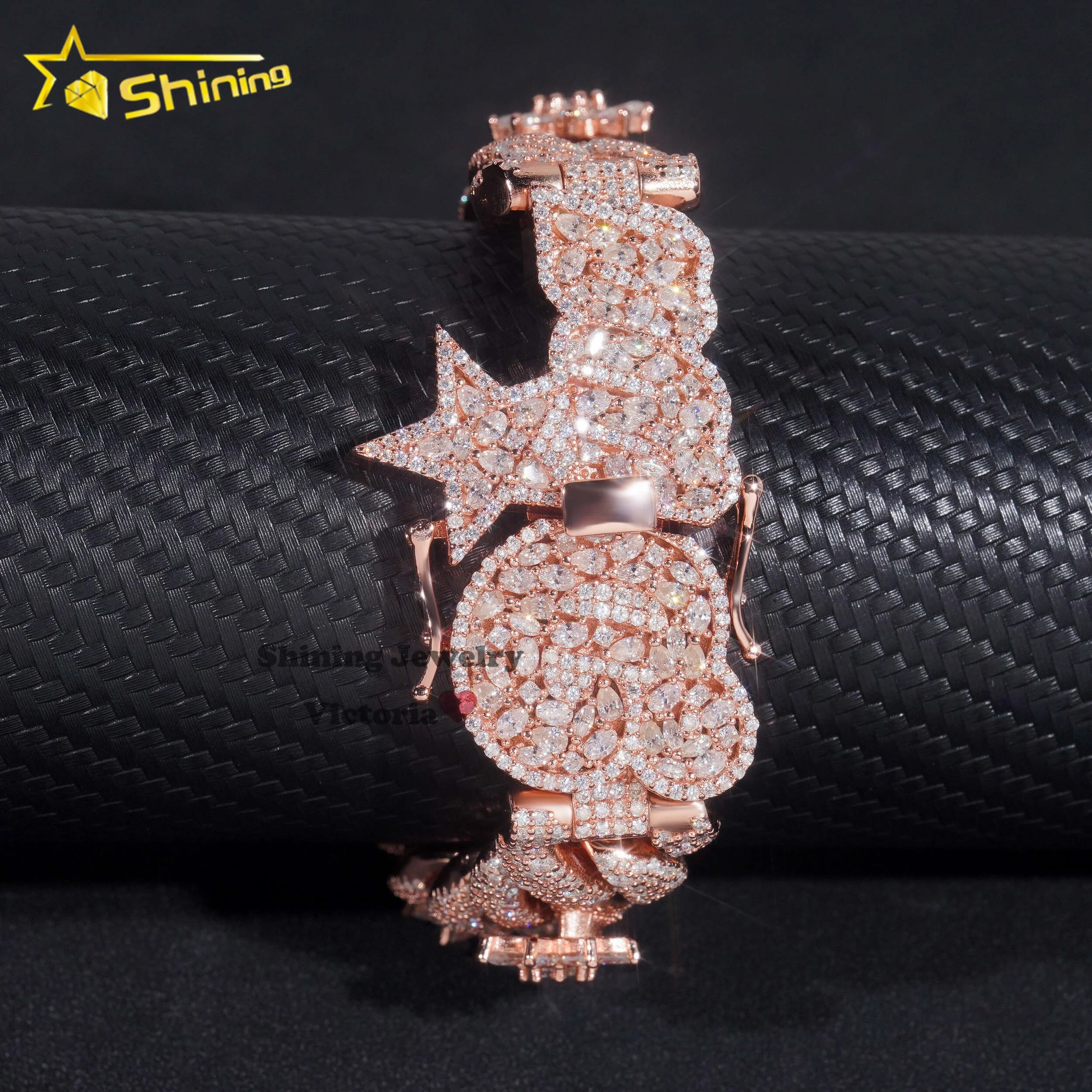 Unique Design custom lock 18mm rose gold plated flower 925 sterling silver fancy cut vvs moissanite diamond cuban link bracelet