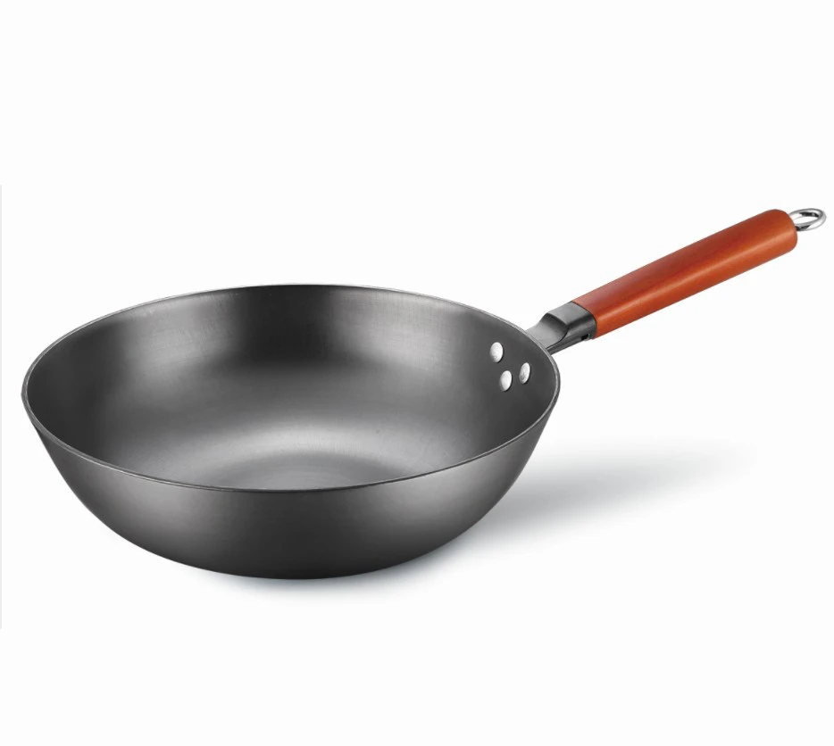 kitchen cookware cast iron wok with wooden handle flat bottom
