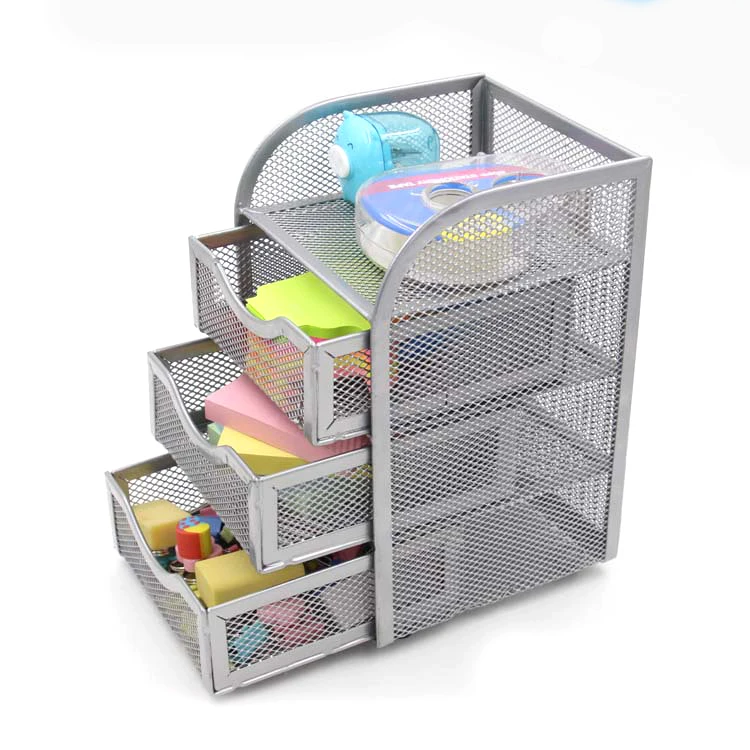 Hot home office supplies new metal grid pencil case three movable drawer storage box