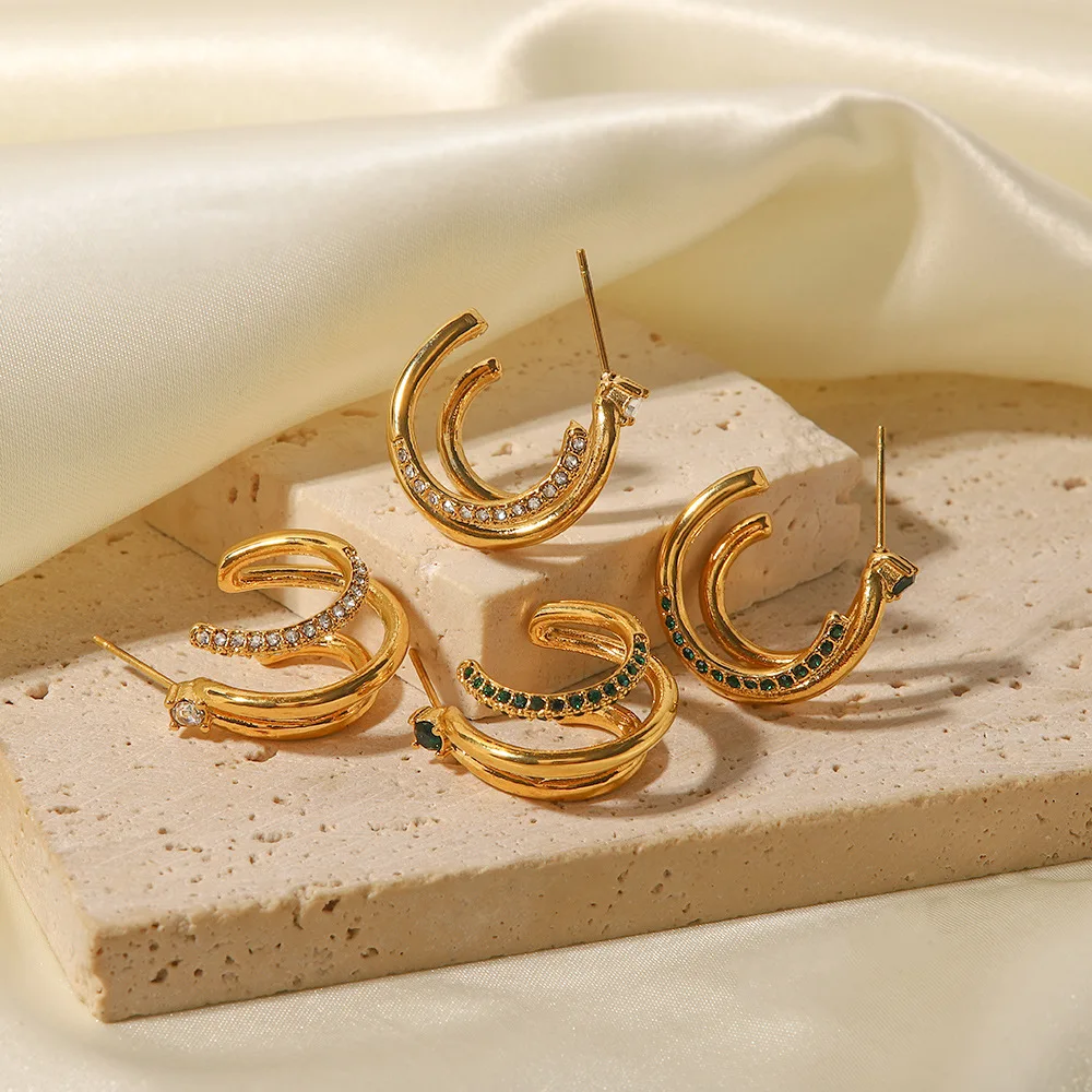 New 18k gold plated stainless steel with three layers of green/white cubic zirconia geometry stainless steel earrings