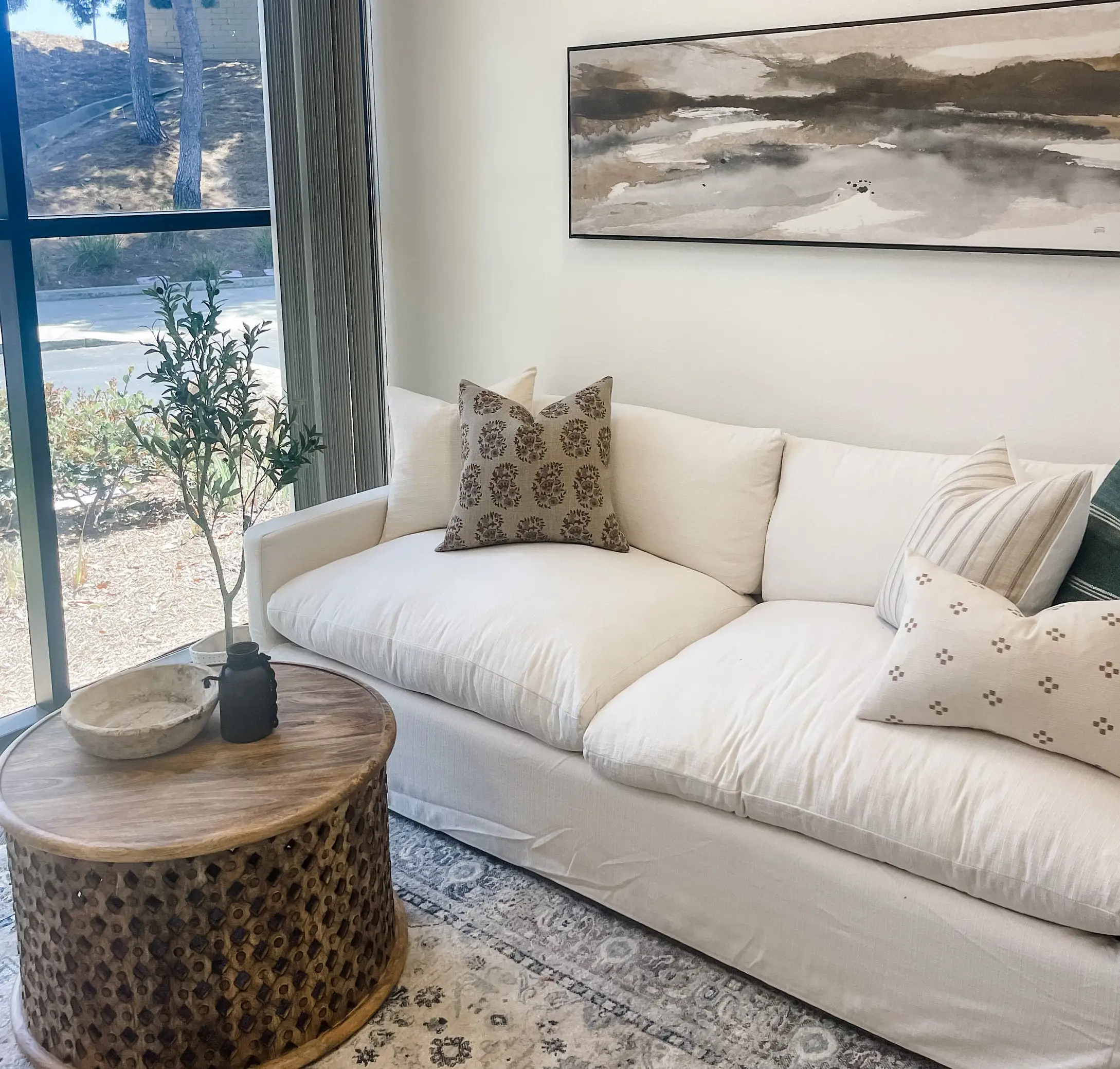 Custom Floral Rust Saffron with Blue Grey on Natural Linen Pillow Cover Manikarnika Block Print 100% Cotton Cushion Covers/