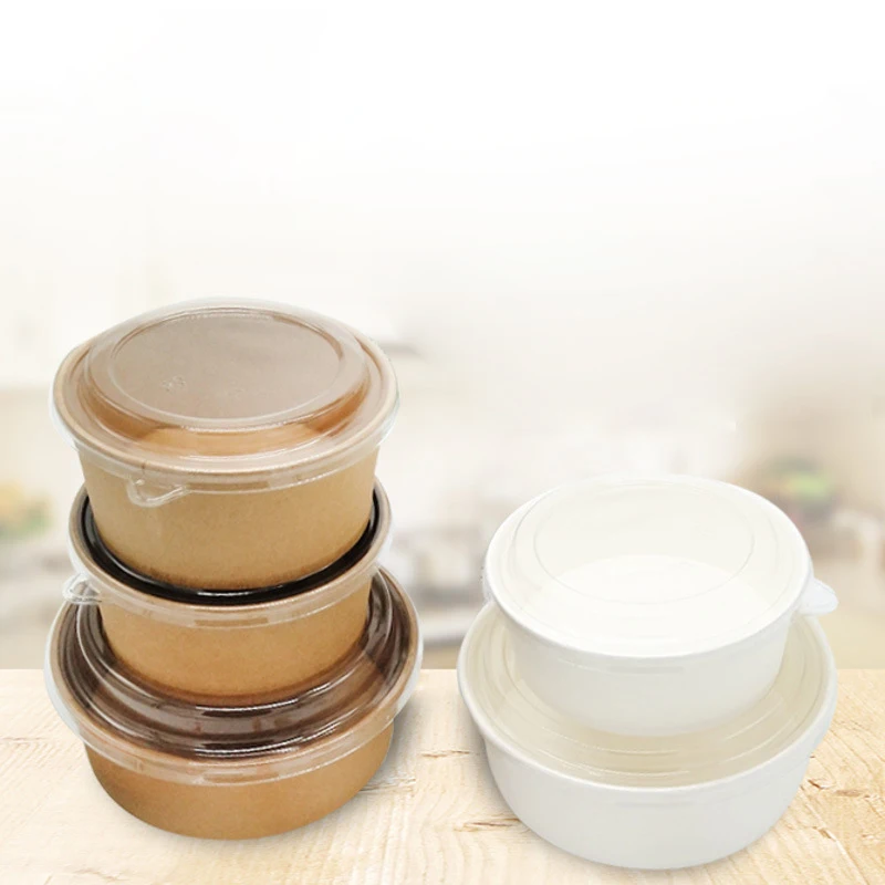 Custom Kraft Paper Salad Bowl Packaging Paper Bowl Round Soup Bowl Disposable Lunch Box Takeaway Carton Kraft Paper Salad Box