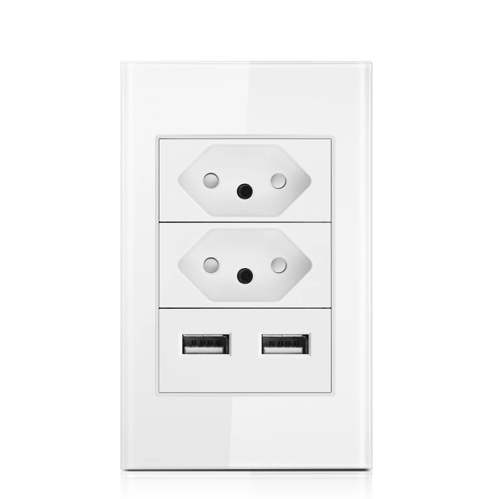 Brazilian standard glass USB wall socket, electrical socket panel, model 118 6 pin wall plug socket