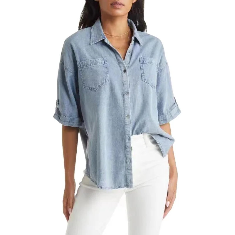 Loveda New Arrival Women Y2K Washed Denim Blouse Lapel Button Pocket Vintage Loose Denim Jacket