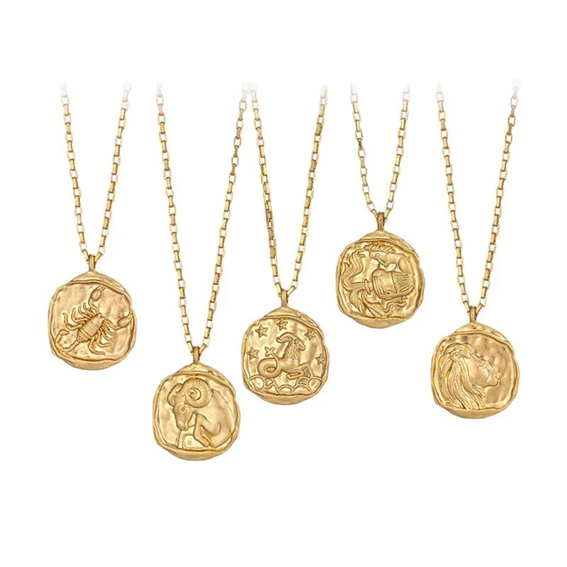 12 Constellations Zodiac Pendant Necklace High Quality Titanium Steel Gold Plated Zircon Jewelry Irregular Coin Charm Necklace